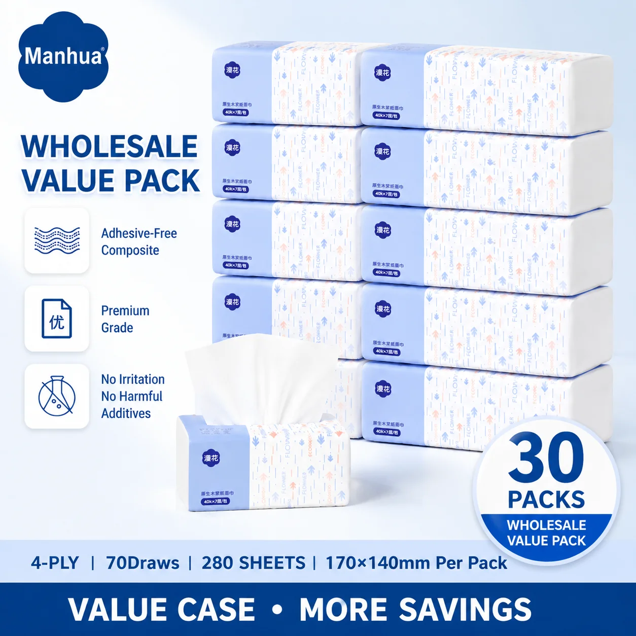 Manhua Facial Tissue 30Packs Bulk 8400 Sheets 4 Ply Thick Soft Absorbent Napkins for Face Home Family Daily Value Pack