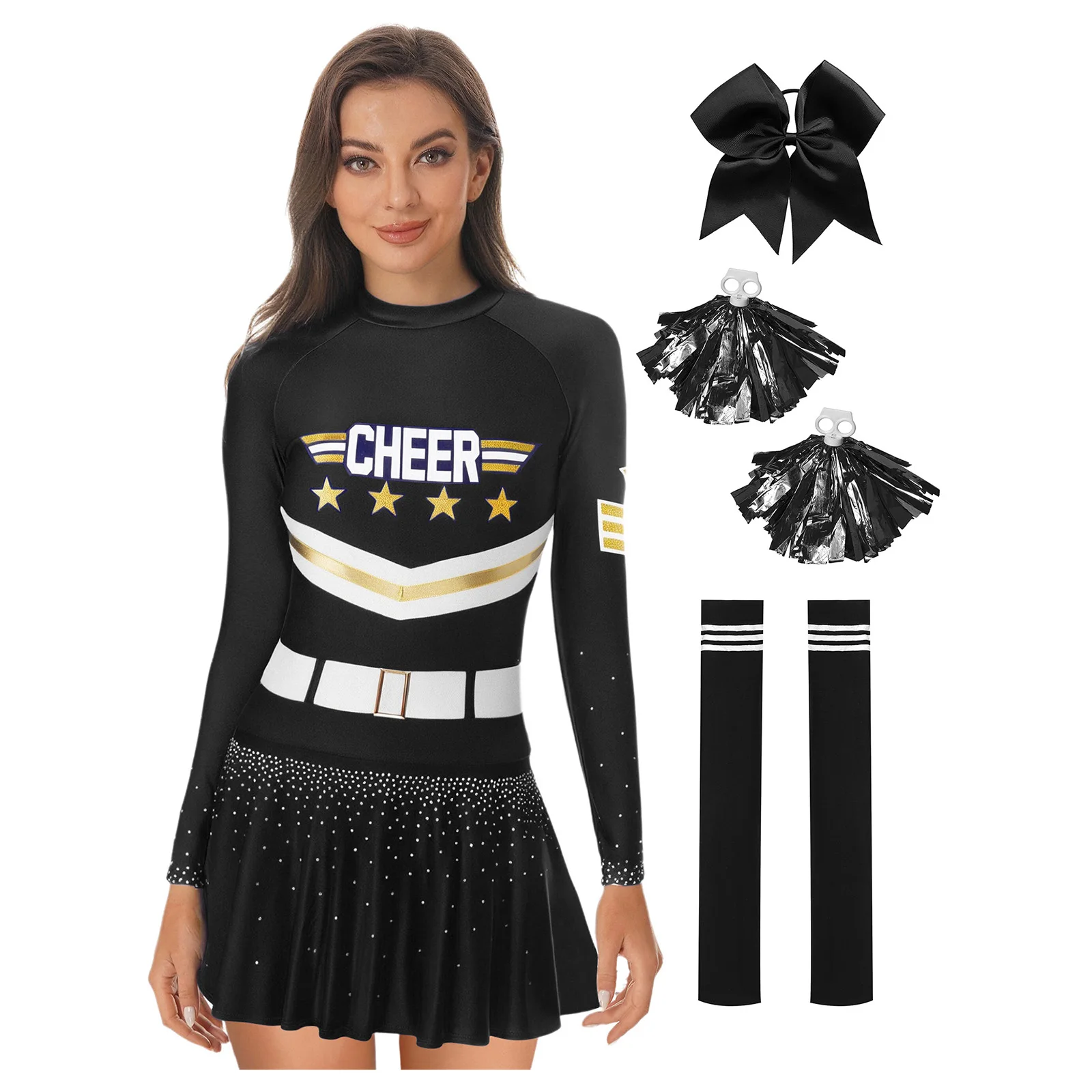 

Stripe Prints Cheerleading Party Outfit for Women Rhinestones Dress with Hand Flowers Bowknot Hair Ties Socks for Performance