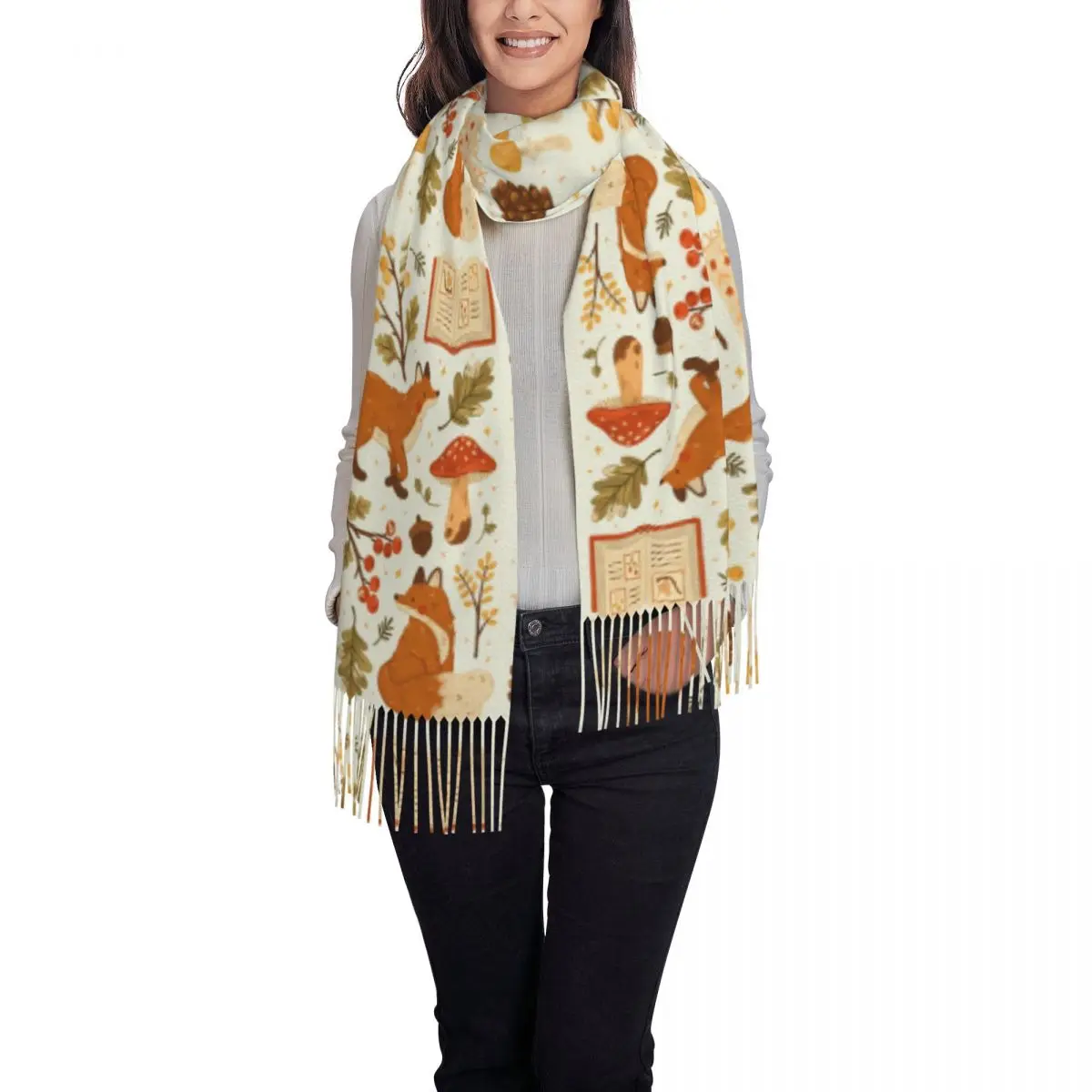 Cozy Winter Woodland Mushroom Scarf Tassel Scarves for Women Soft Warm Shawls and Wraps Long Fall Winter Shawl Wrap