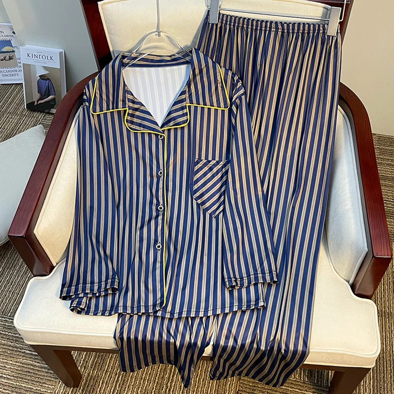 Autumn Winter New Soft Striped Sleepwear for Women Classics Streak Pajamas Women Lapel Cardigan Sets for Women 2 Pieces Set