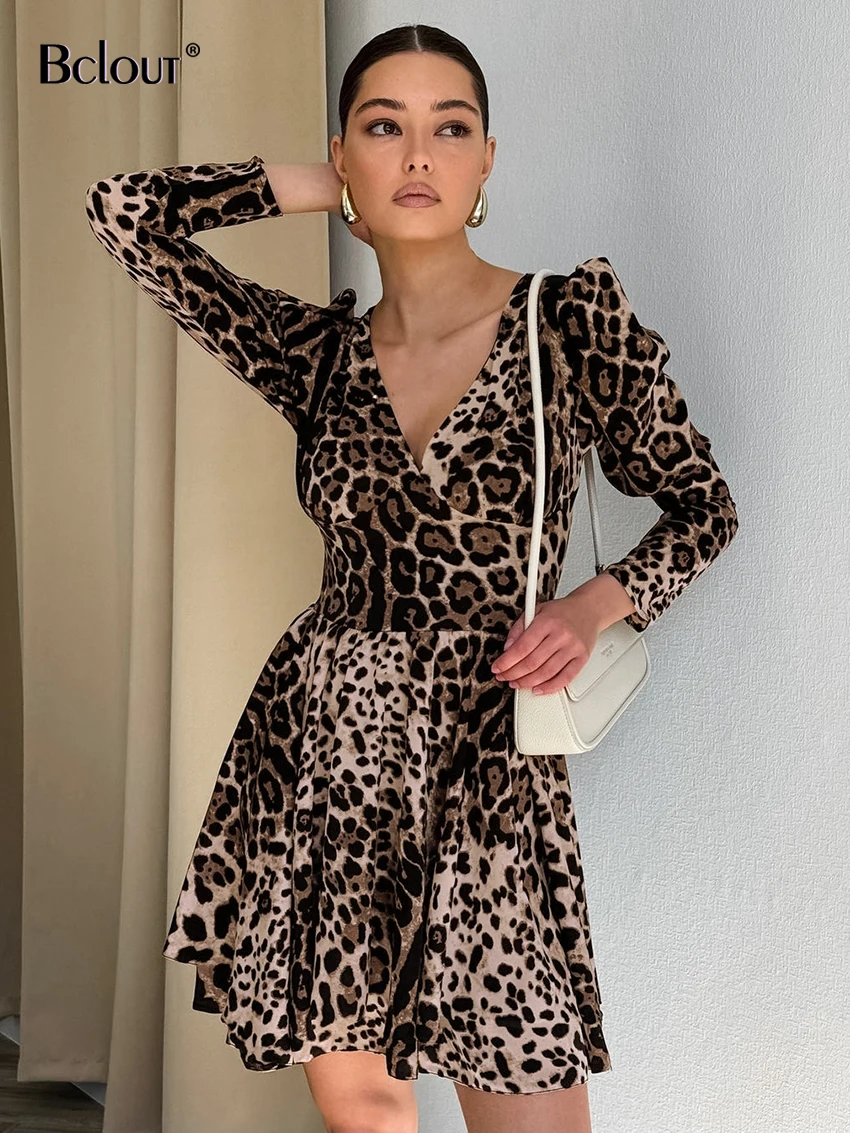 Bclout Fashion A-Line Leopard Dresses Women Casual V-Neck Long Sleeve Sexy Dress 2024 Summer High Waist Party Mini Dress Female