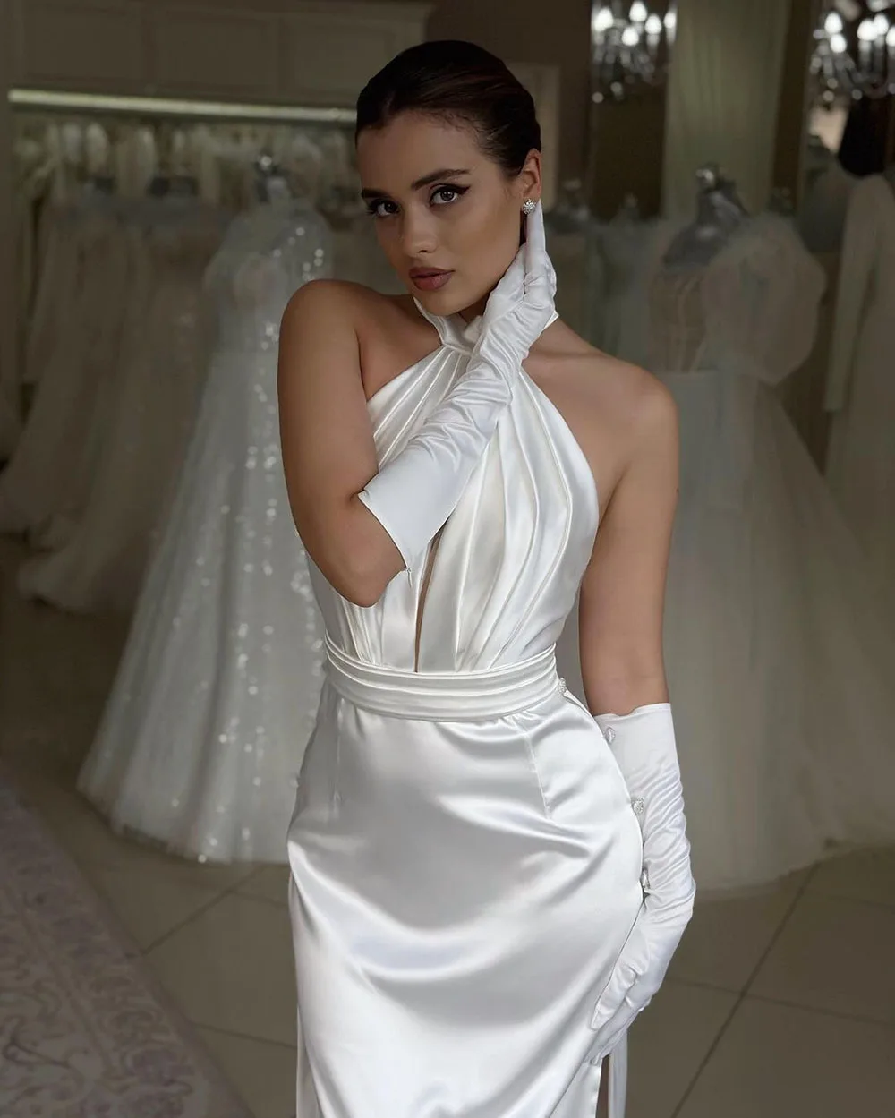 

Charming Civil Mermaid Wedding Dress Satin Sleeveless Simple Bridal Gowns High Neck Bride Dress Dance Wedding Reception 2024