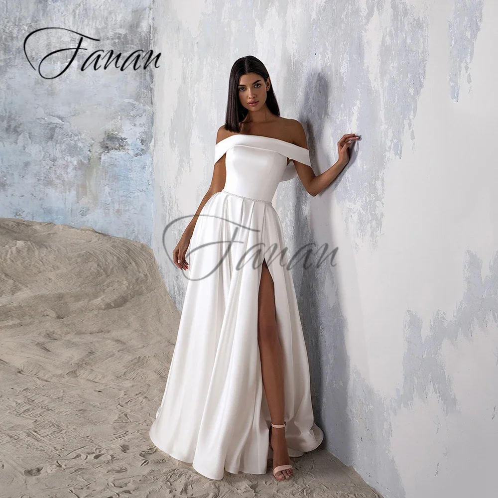 Scollo a barca al largo della spalla a-line Weddng abiti davanti High Split Backless Satin semplice abito da sposa vestidos de novia muslimate