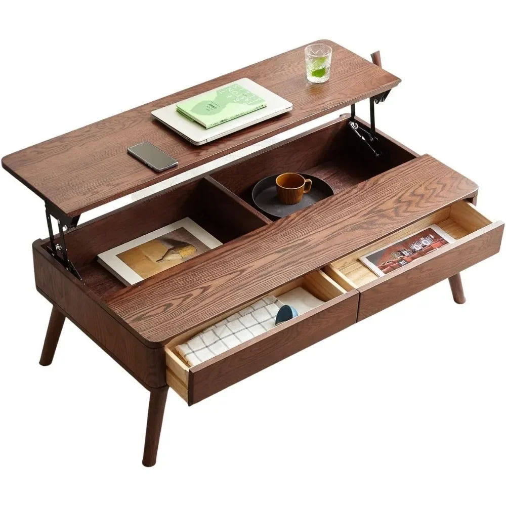 Table basse relevable en chêne massif avec compartiment GNE et étagère de rangement, table à manger et bureau de salon, 100% po, 47.24