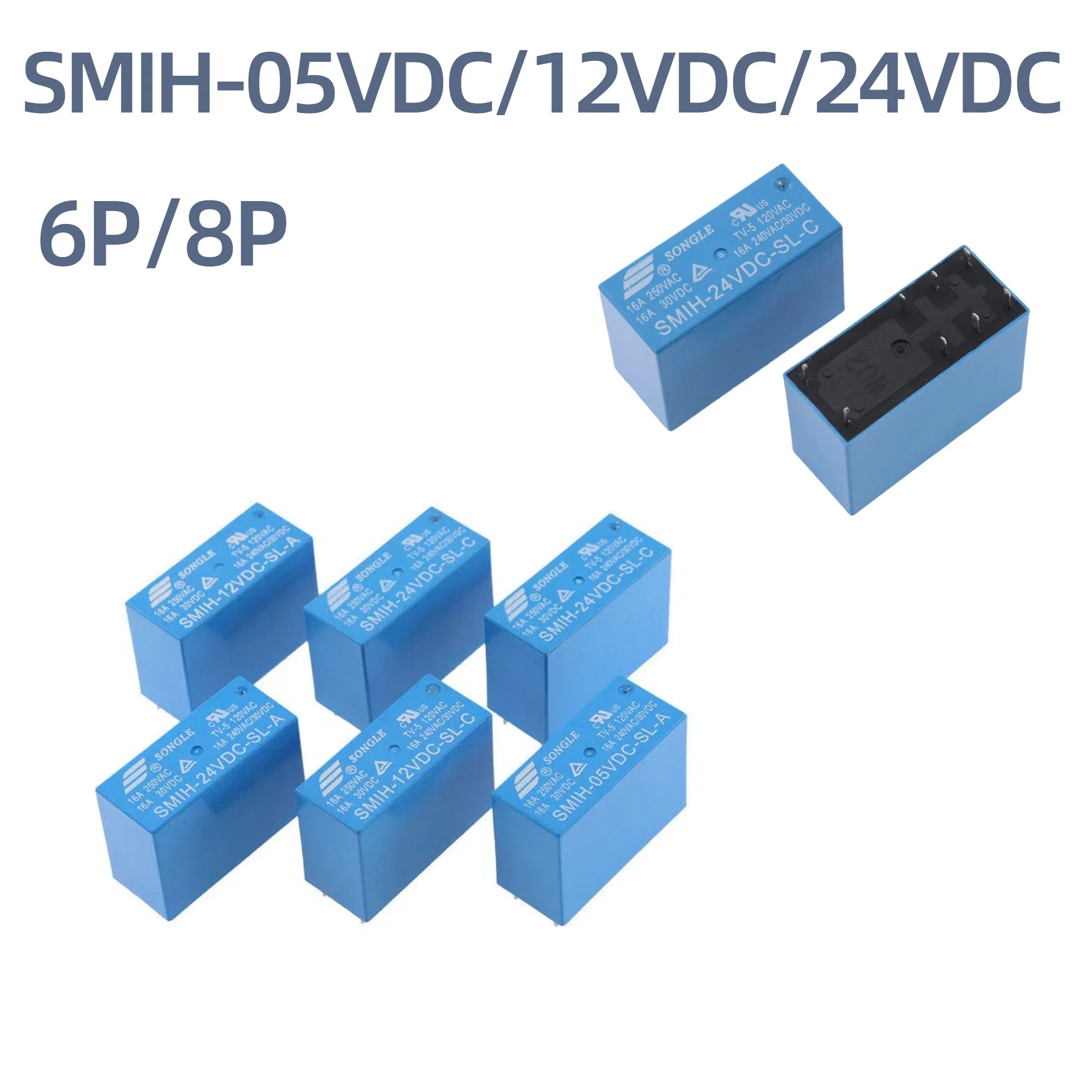 1-5pcs SMIH‑05V 12V 24VDC‑SL‑A‑SL‑C Power Relay 6Pin 8Pin 16A Normally Open Electromagnetic Relay Module