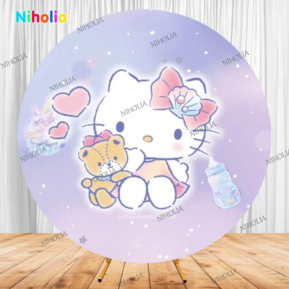 غطاء خلفية مستدير من Kuromi Hello Kitty Kids حفلة عيد ميلاد خلفية استحمام الطفل استوديو الدعامة الديكور التصوير الفوتوغرافي
