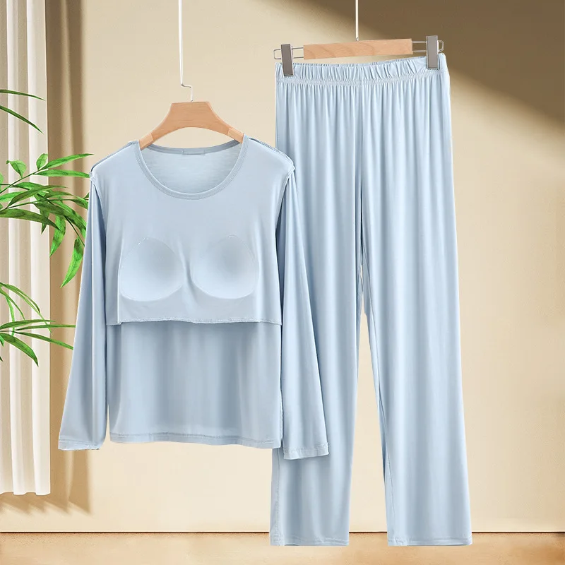

Modal Round Neck Long Sleeved Pajama Set Women's Spring Autumn Chest and Loose Large Size Sleepwear Homewear Student Nightwear