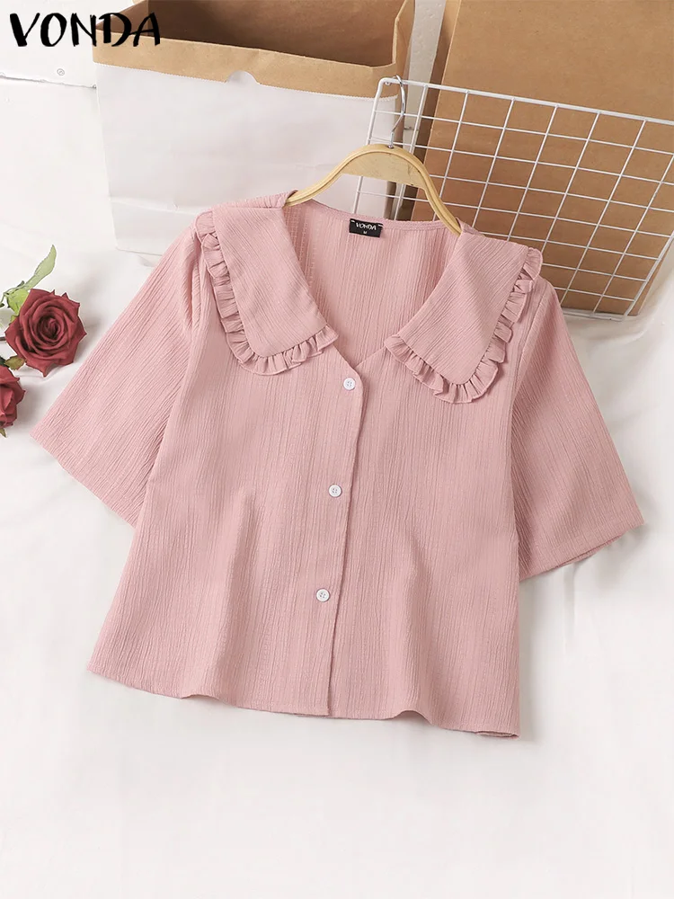 VONDA Women Ruffled Shirts 2024 Fashion Casual Blouses Elegant Short Sleeve Lapel Summer Tunic Tops Solid Color Blusas Femininas