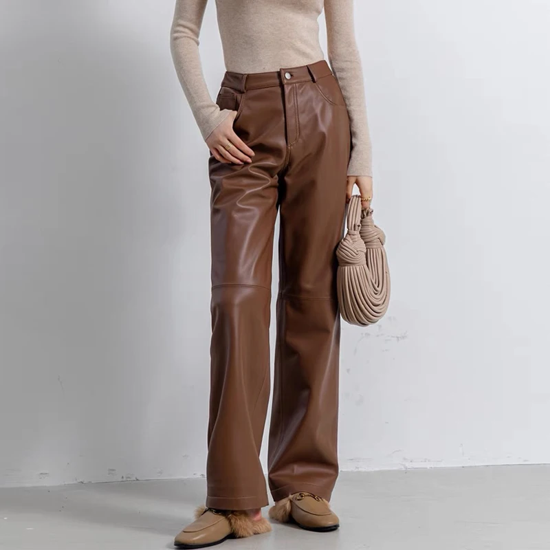 Vintage Sheepskin Wide-leg Straight Leather Pants Women Drape Casual Genuine Leather Trousers Mopping Pants Female 2024 New