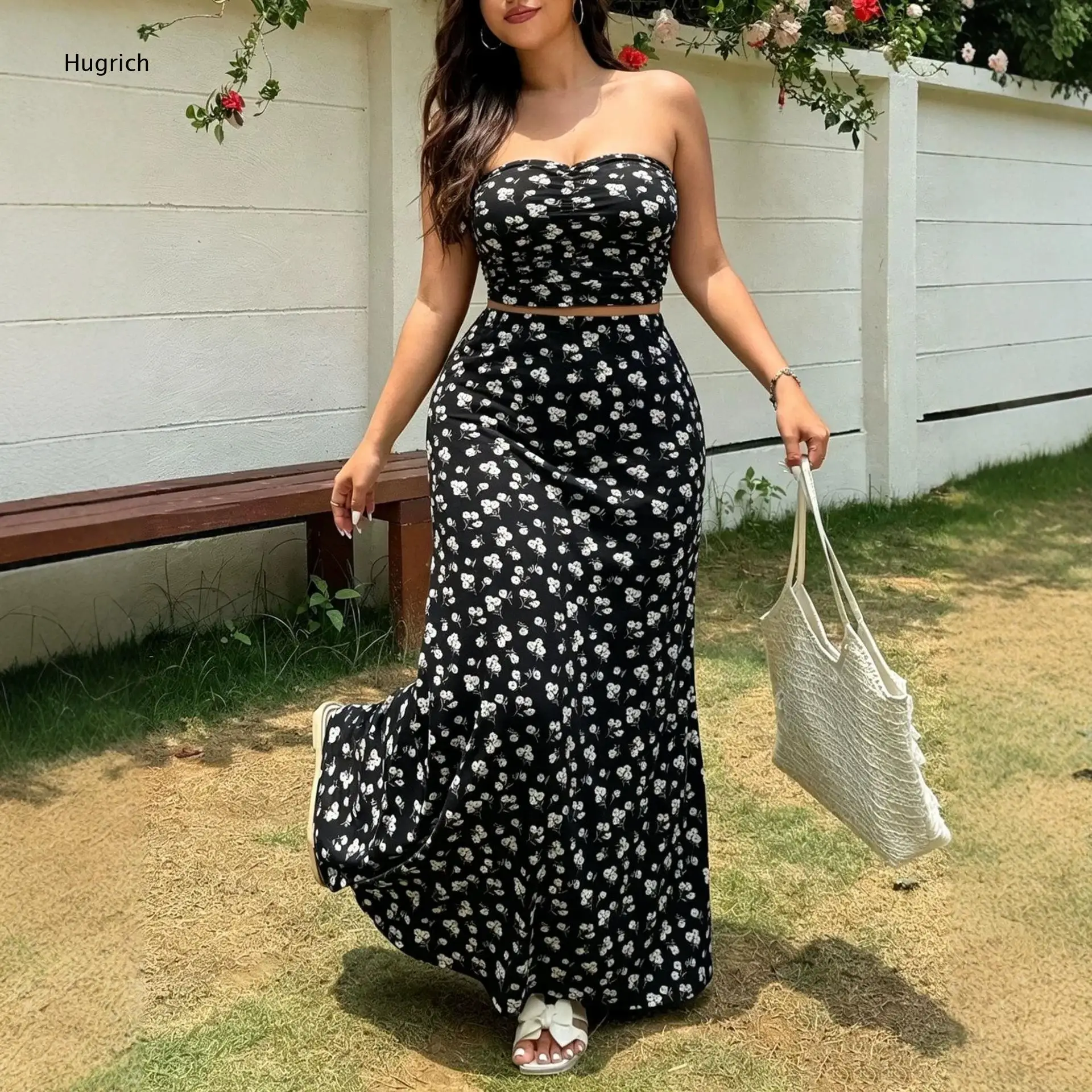 Vintage Black Floral Printed Two Piece Set Strapless Ruched Tube Top High Waist Swing Floor Length Skirt Holiday Beach Outfit