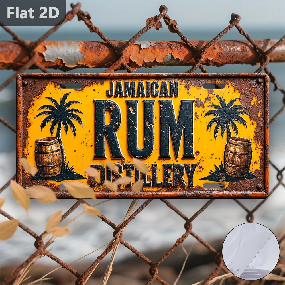 2D Flat, 1pc Vintage Aluminum  Sign - Rum Distillery Wall Art with Palm Trees & Barrel Design, 30x15cm Industrial Retro Metal - view 4
