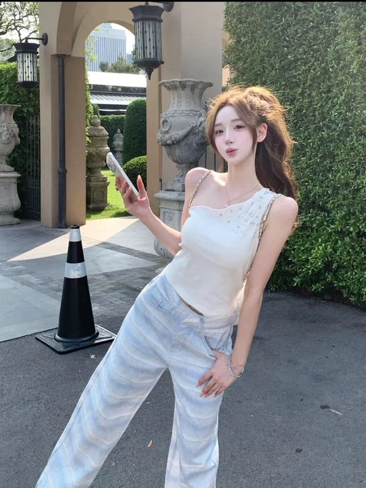 

Stazf7 Uymo Sweet And Spicy Girl Sequin Strap Top And High Waist Gradient Color Jeans Women's Spring Summer Casual Outfit Set