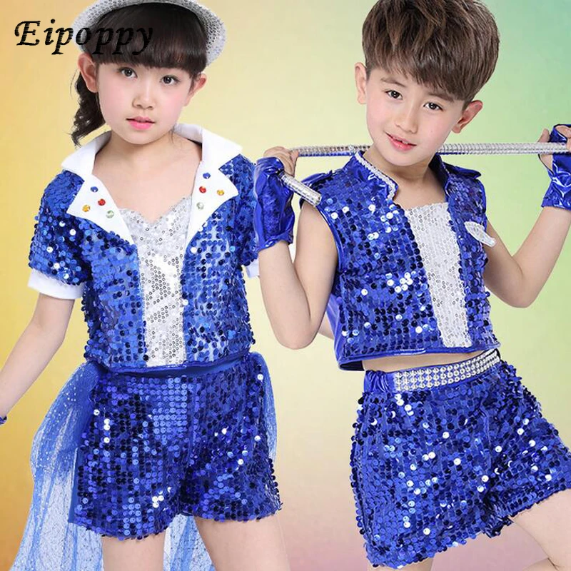 Boy Girl Blue Modern Dance Clothing Costume Children Children Ballroom Game Jazz Hip Hop Dancing Pants + Blouse