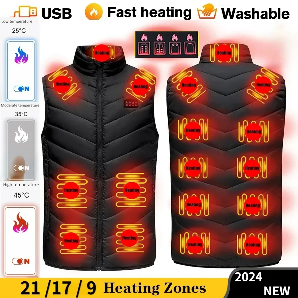 

21 Areas Heated Vest Men's New Winter Jacket Usb Graphene Heating Clothes Women's Ski Camping Waterproof Thick Sleeveless Coat