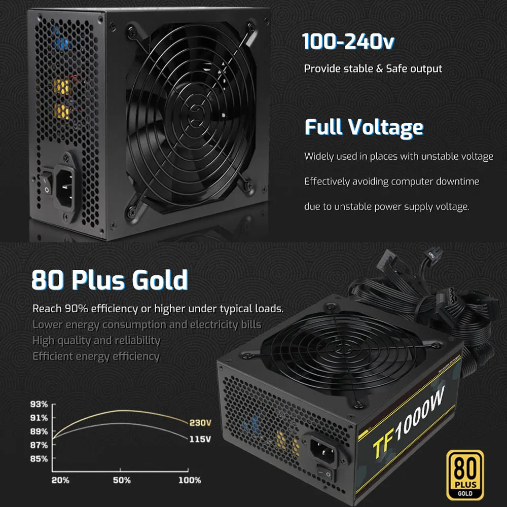 1000W 100-240V ATX Gold Power Supply Full Voltage Power Non