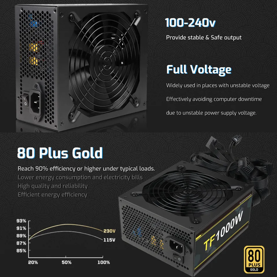 1000W 100-240V ATX Gold Power Supply Full Voltage Power Non