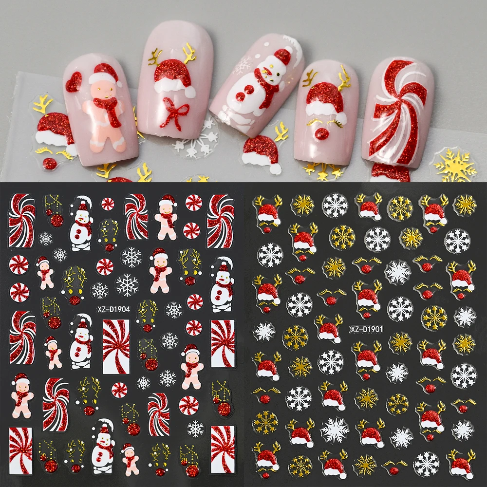 1 pz 3D rosso glitter Babbo Natale alce stella nail art adesivo cervo fiocchi di neve cursori per unghie di Natale per l'inverno Natale manicure decalcomania