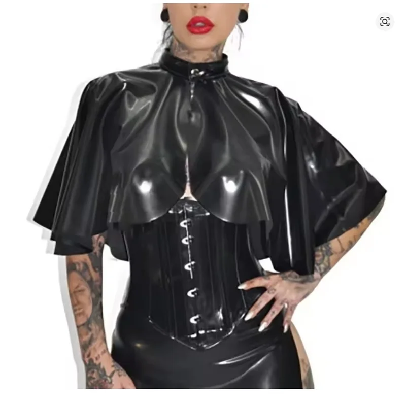 Black latex cape with buttons down the front, mini rubber cloak robe top