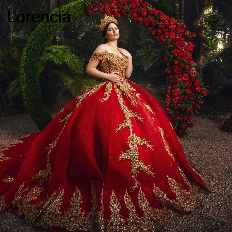 Customized Red Quinceanera Dress Ball Gown Gold Lace Applique Beaded Sequins Mexican Corset Sweet 16 Vestidos De 15 Años YQD816