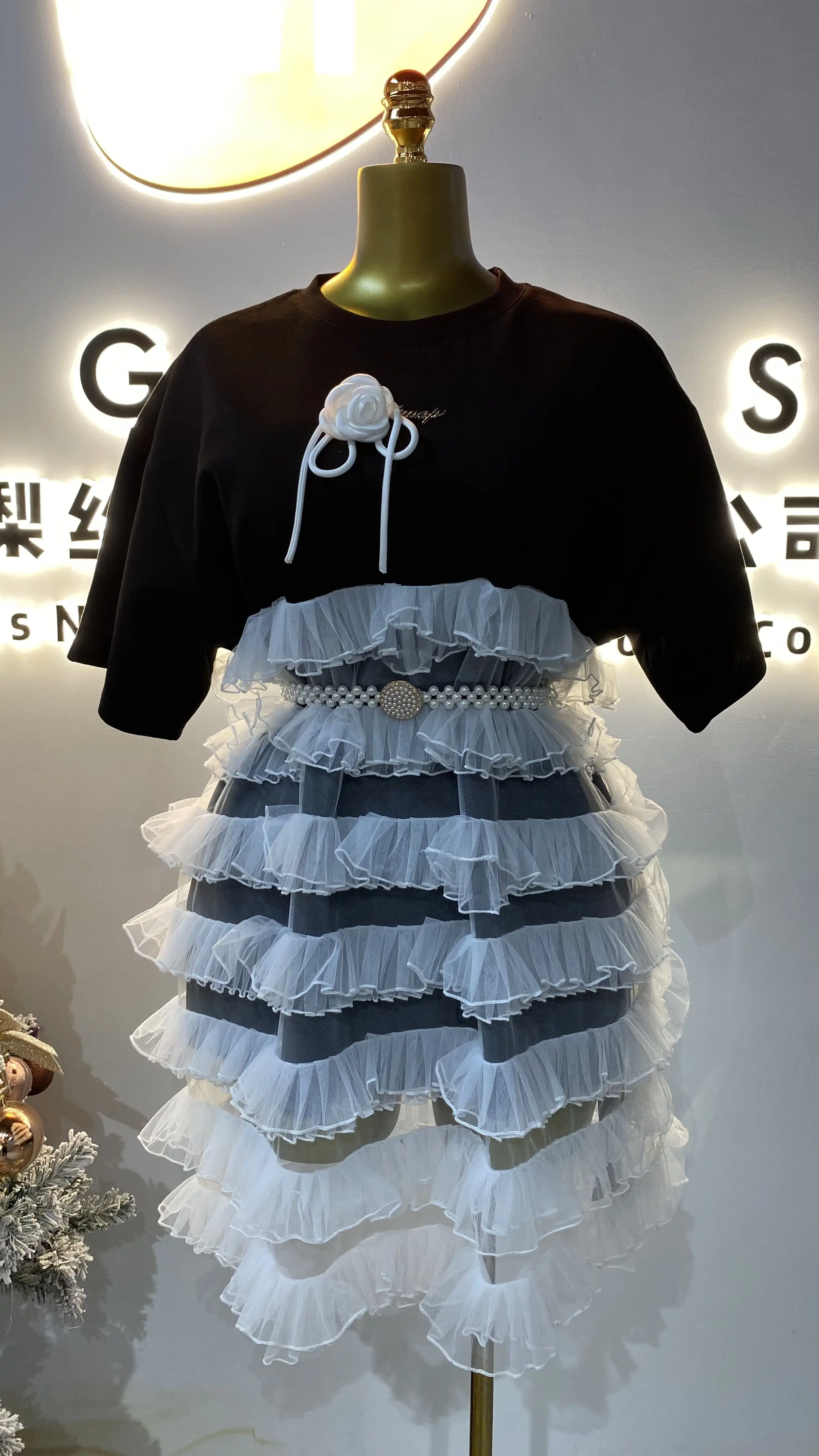 فستان تي شيرت شبكي مرقع أنيق مقاس كبير فستان فضفاض بفيونكة-GZMM394