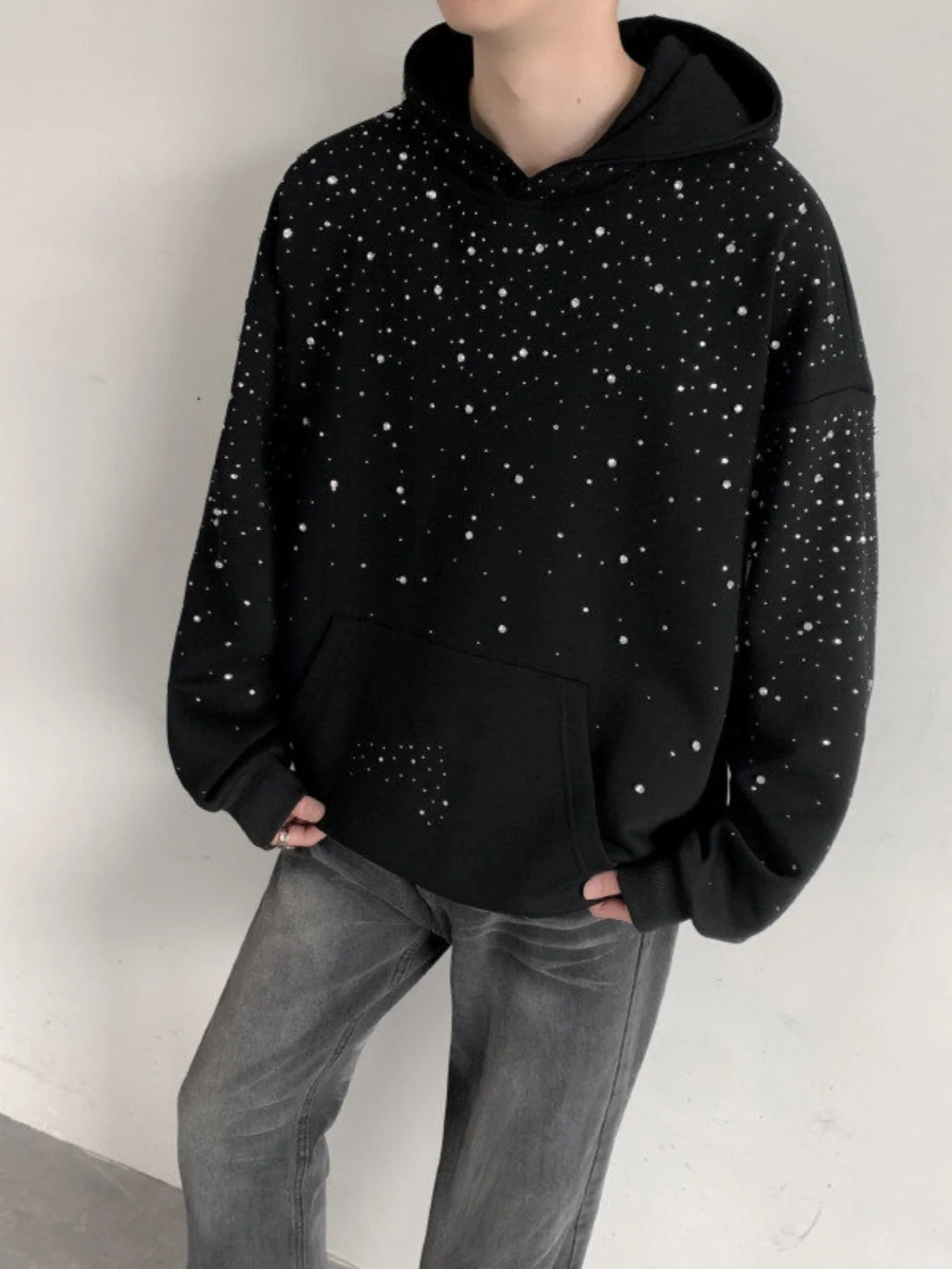 Sweater Hoodie Pria Musim Dingin Bertabur Rhinestone, Model Longgar Kasual dan Stylish