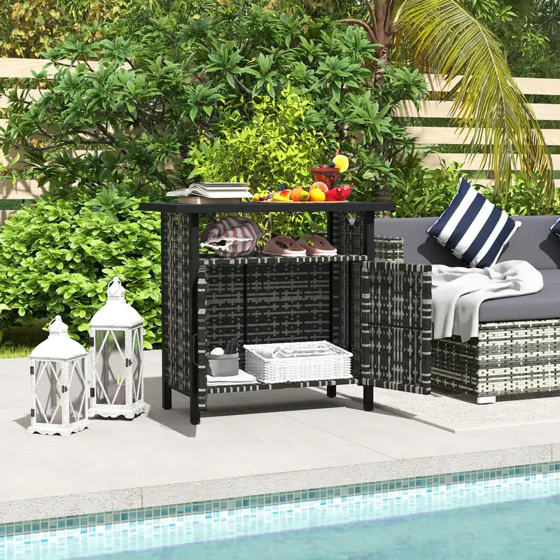 Outdoor Pool Towel Storage Cabinet Organizer, Outdoor Bar Table with Shelf and Cabinet, Pool Towel Holder Pool Valet with Weather-Resistant PE Rattan and Steel Frame, Mixed-Gray