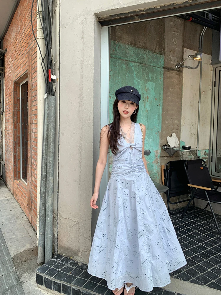 

Women's summer waist cinching slimming long skirt vacation style design hollowed out lace patchwork camisole dress