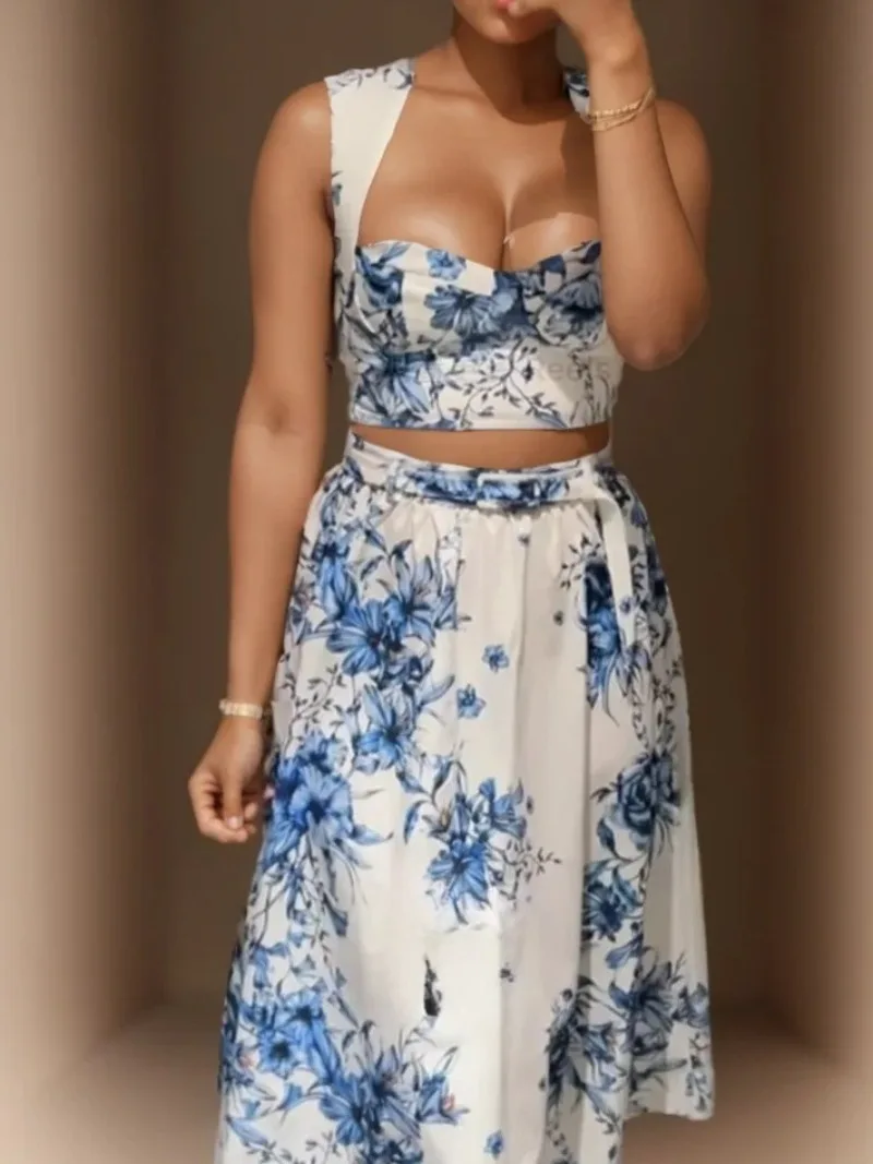

Retro Skirts Sets Womens Printed Neckline Crop Camisole Tops and Print Midi Skirt Stylish Women Two-piece Sets for Holiday