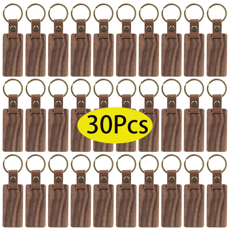 

30Pcs Wood Blank Keychains with Leather Strap Walnut Keychains Blank Wood Keyrings DIY Key Tags