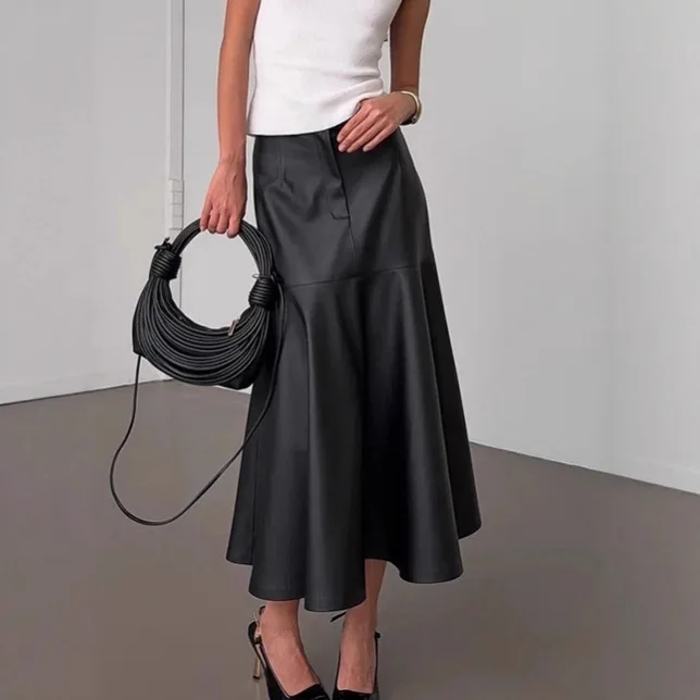 

Elegant Black PU Leather Skirt Women 2025 Vintage High Waist Slim A Line Midi Skirt Autumn Winter