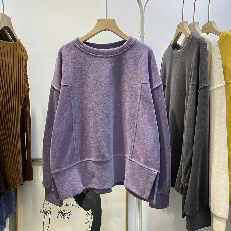 

Early Autumn Korean Style Casual Long Sleeve Hoodie Women's Loose Lazy Top Split round Neck Splice Shoulder Trendy Jacket