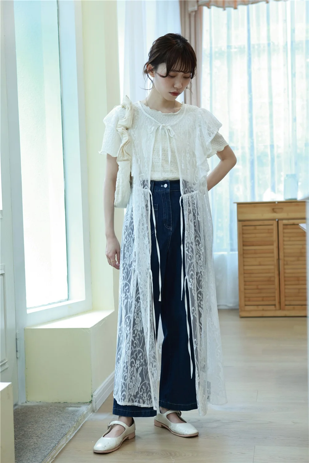 

Long Lace Open Cardigan Dr Cover up French Sle round Ne ort Sve Midi Dr Knot Pure Color Sum...