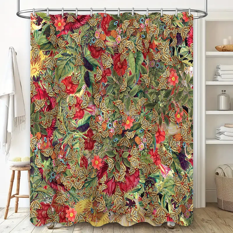 Luxurious Floral Shower Curtain with Butterflies Bathroom Decor for Home Kitchen, Waterproof Fabric in Red, Green, Pink Yellow C - view 2