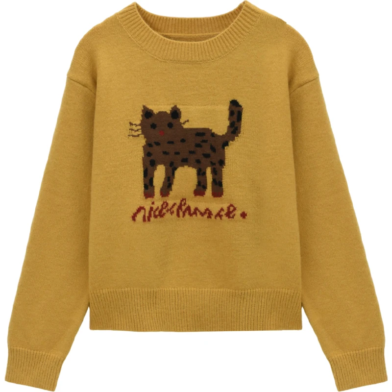 MISHOW سترة نسائية صفراء 2025 شتاء جديد الحيوان الكرتون طباعة طاقم الرقبة البلوز فضفاضة متعددة الاستخدامات كم طويل علوي MXE90Z2788