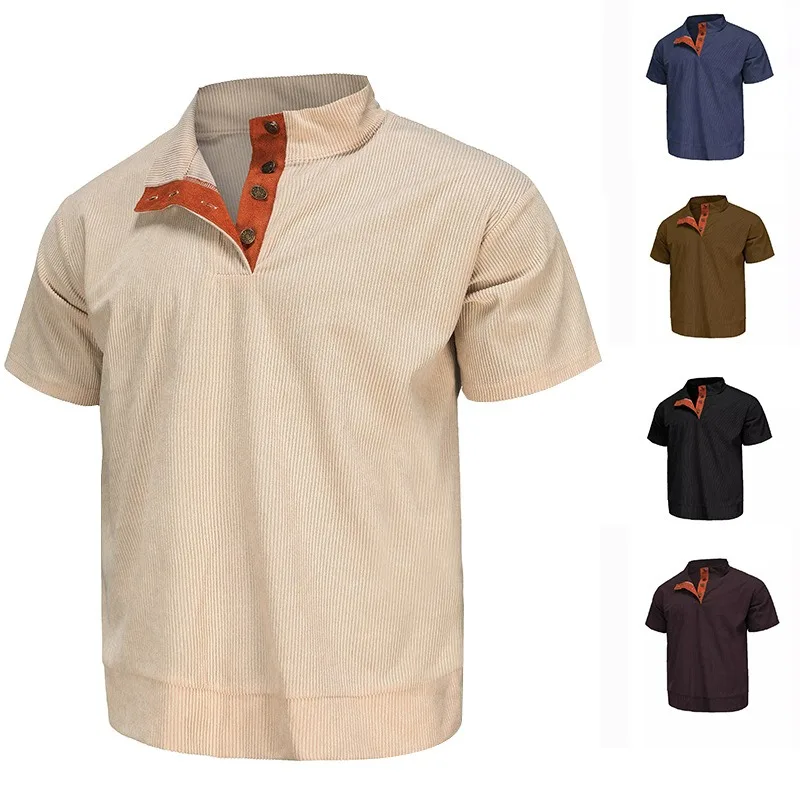 Men's Corduroy Pullover Henry Shirt Men's Casual Short Sleeve T-Shirt