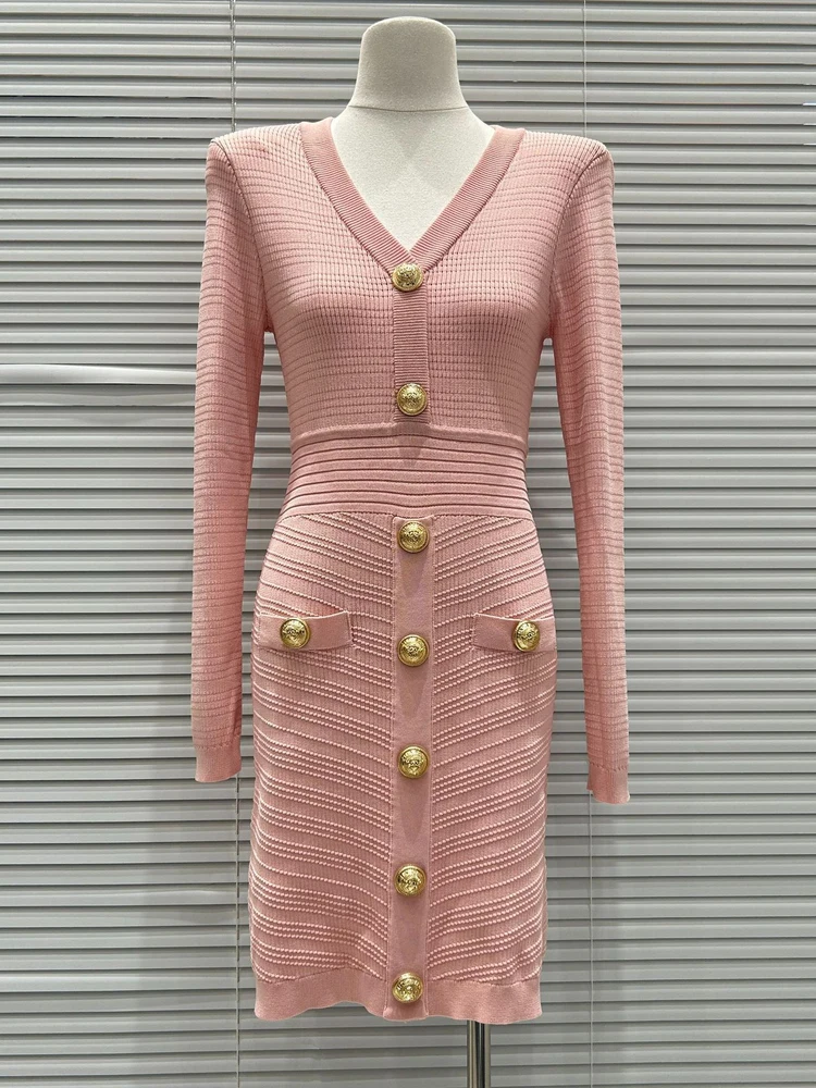 

Ele French Sle Knitted Long Sve V-Ne Bodycon Dr Женская элитная версия Парижское ощущение Сексуальная золотая пуговица Dr