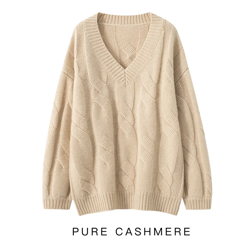 Hot Sale 2022 Autumn Winter 100% Pure Cashmere Sweater V-Neck Women\'s High Quality Soft Female Loose Thickened Knitted Jumper