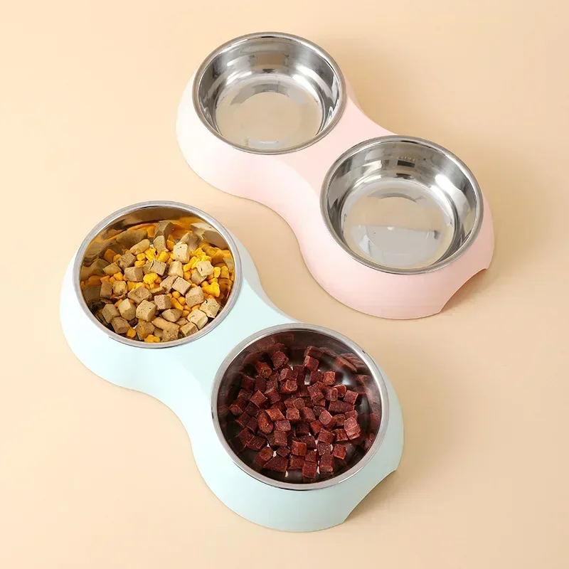 Cuenco doble de acero inoxidable para comida de mascotas, suministros de alimentación para cachorros, accesorios de agua para gatitos