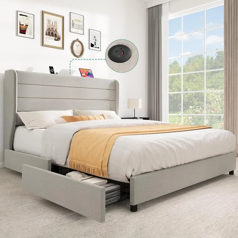 Queen Bed Frame with 4 Storage Drawers,Upholstered Platform Bed Frame with Charging Station & Wingback Headboard|