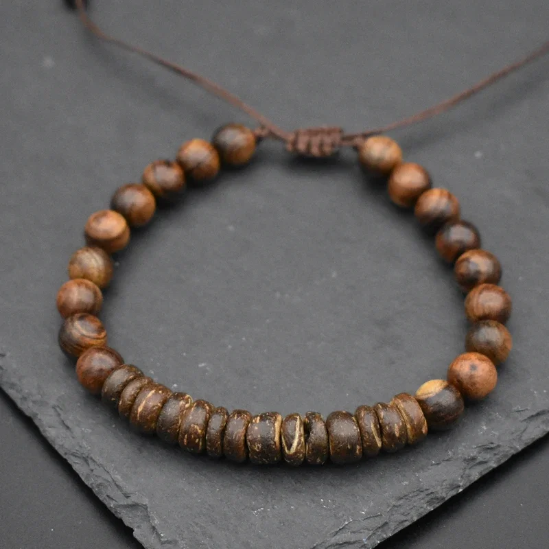 New Men Natural Coconut Bead Bracelet Vintage Meditation Wooden Bracelet Hematite Healing Braslet Wooden Pulsera