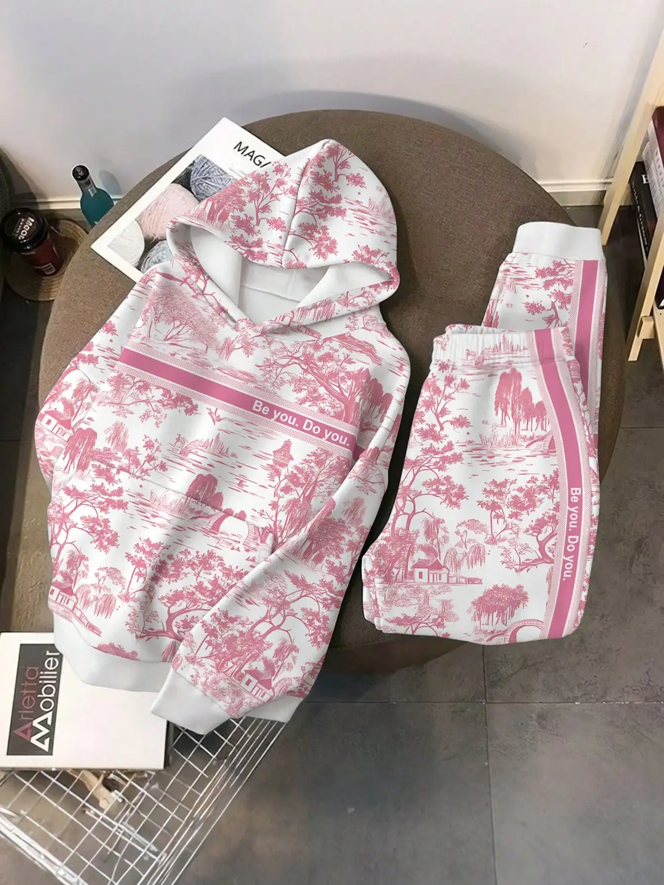 Conjunto de Moletom e Calça Jogger Feminino com Estampa Vintage de Paisagem Be You Do You para Outono Inverno Casual