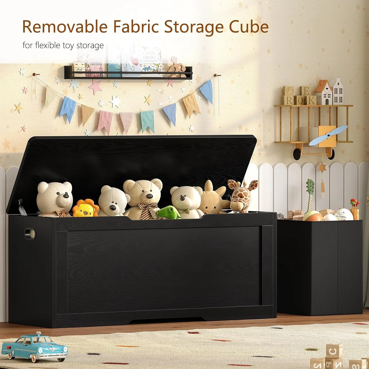 47.2" Large Storage Chest with Fabric Drawer, Toy Box with Safety Hinges, Extra Wide Storage Bench for Bedroom, Living Room, Entryway, Supports 300 lb view 2
