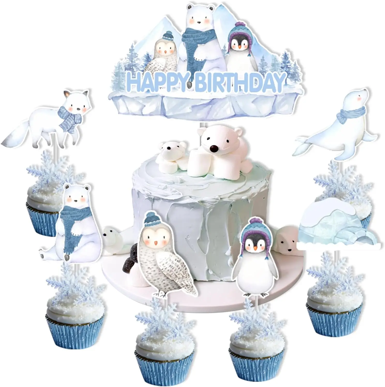 Arctic Polar Animal Happy Birthday Cake Toppers Decor for Winter Animals Birthday Baby Shower Party Decorations