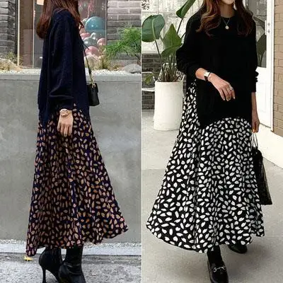 

Autumn Winter plus Size Women's Long Sve T-irt Patchwork Print Maxi Dr round Ne Fake Two-Piece Set Long Dr
