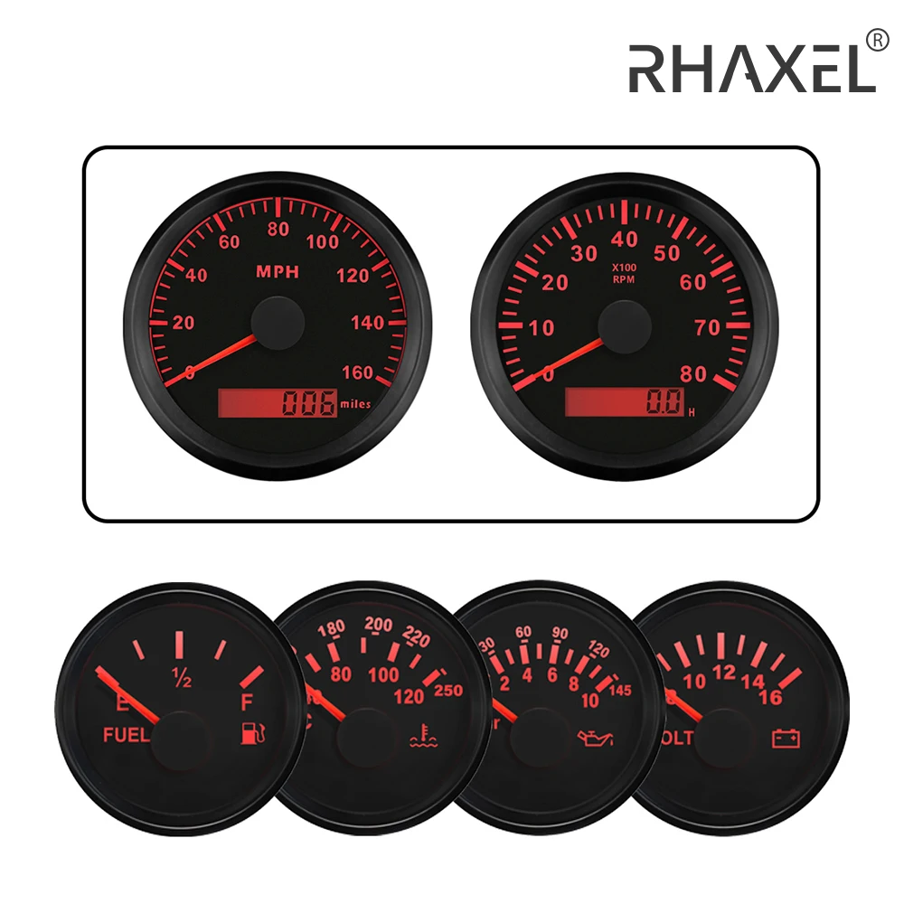 RHAXEL 6 Gauge Set Auto RV GPS Speedometer Gauge 160MPH Tachometer 8000RPM Fuel Level Water Temp. Oil Presseure Voltmeter 12V