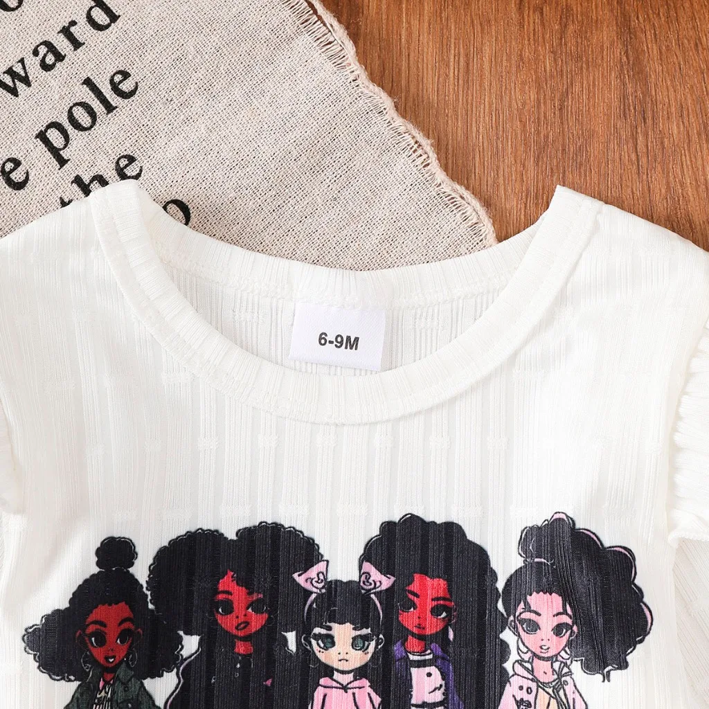6 To 3 Years Old Girl's White Long Sleeved Top+Blue Cloud Jeans Outfits Cartoon Girl Print Baby Clothes Set Autumn Clothing