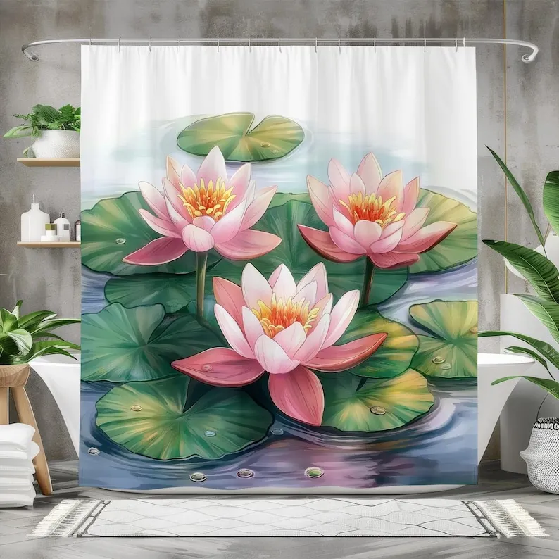 

Water Lily Shower Curtain, Waterproof Fabric Bath Curtain, Elegant Floral Bathroom Decor, Tranquil Nature-Inspired Design
