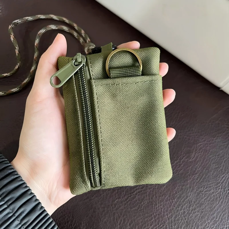 Unisex Outdoor Canvas Neck Hanging Mini Coin Purse Multifunctional Tactical Travel Zipper Card Holder Key Pouch & Earphone Case