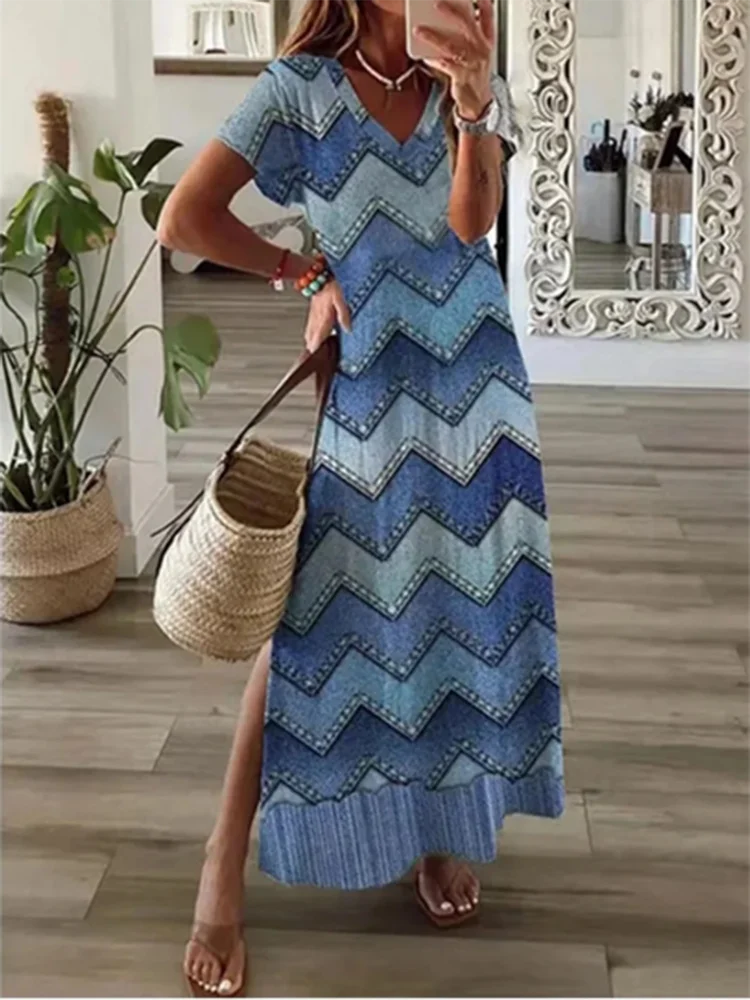 2024 New Summer Fashion V-neck Printed Dress Women\'s Solid Color Pocket Casual Minimalist Beach Long Dress