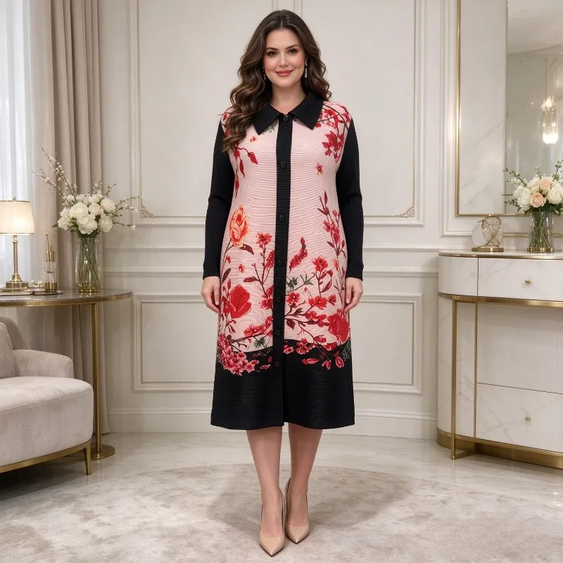 European African Women's Pleated Dresses New Autumn Printed Mid-Length Long Sleeve Buttoned Collar Plus Size Stretch Shirt Dress